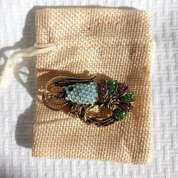 Pink Green Rhinestone Shrimp Pin Broach - Picture 2 of 3